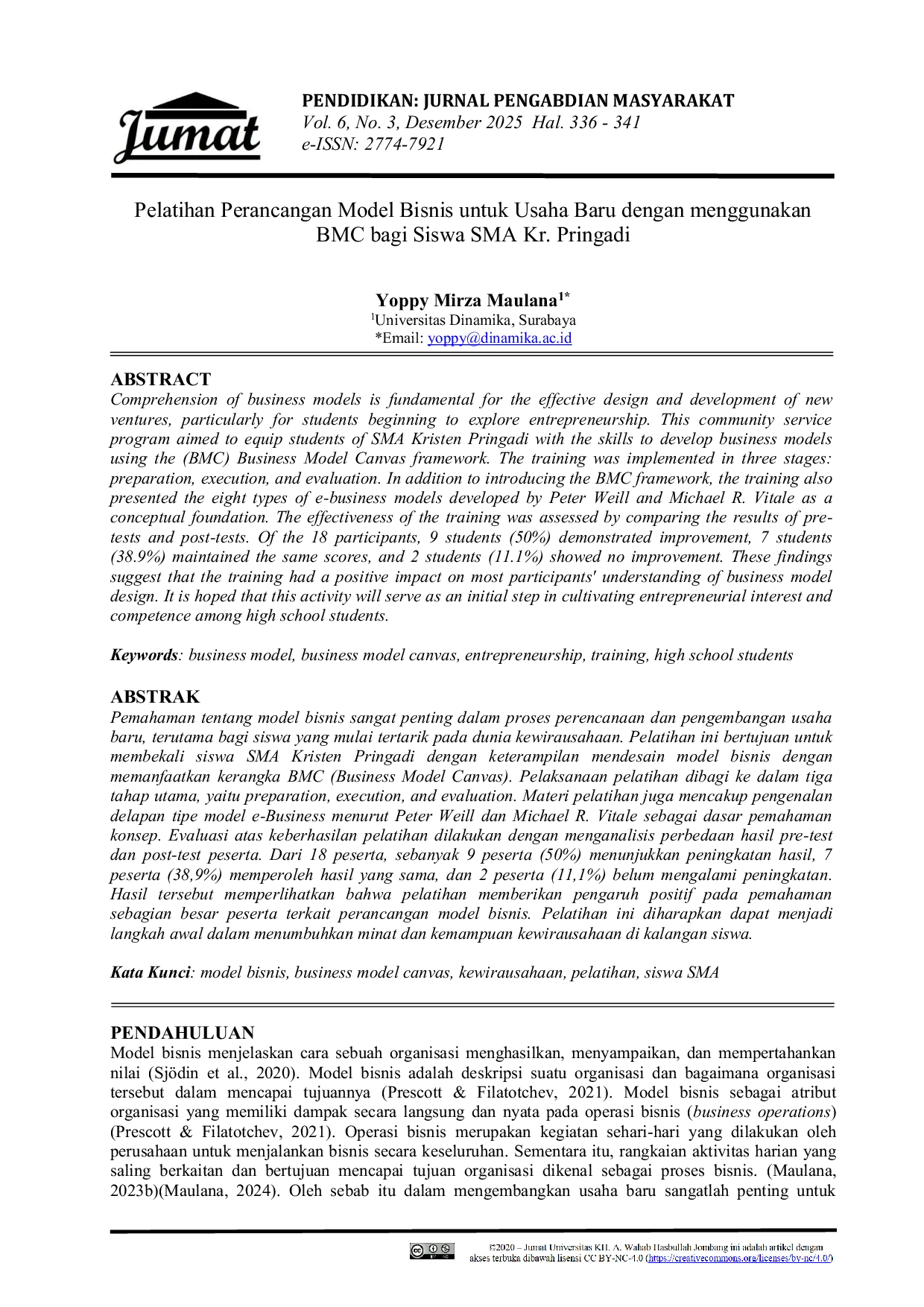 JURIS Pelatihan Perancangan Model Bisnis untuk Usaha Baru dengan menggunakan BMC bagi Siswa SMA Kr Pringadi