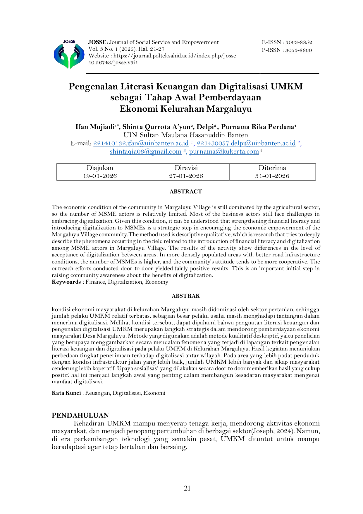 JURIS Pengenalan Literasi Keuangan dan Digitalisasi UMKM sebagai Tahap Awal Pemberdayaan Ekonomi Kelurahan Margaluyu