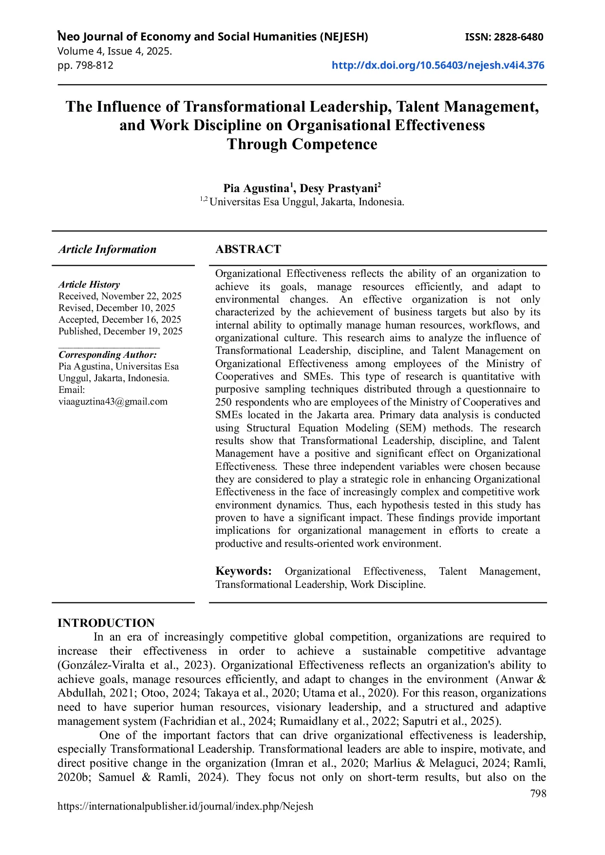 JURIS Pengaruh Kepemimpinan Transformasional Manajemen Talenta dan Disiplin Kerja Terhadap Efektivitas Organisasi Melalui Kompetensi