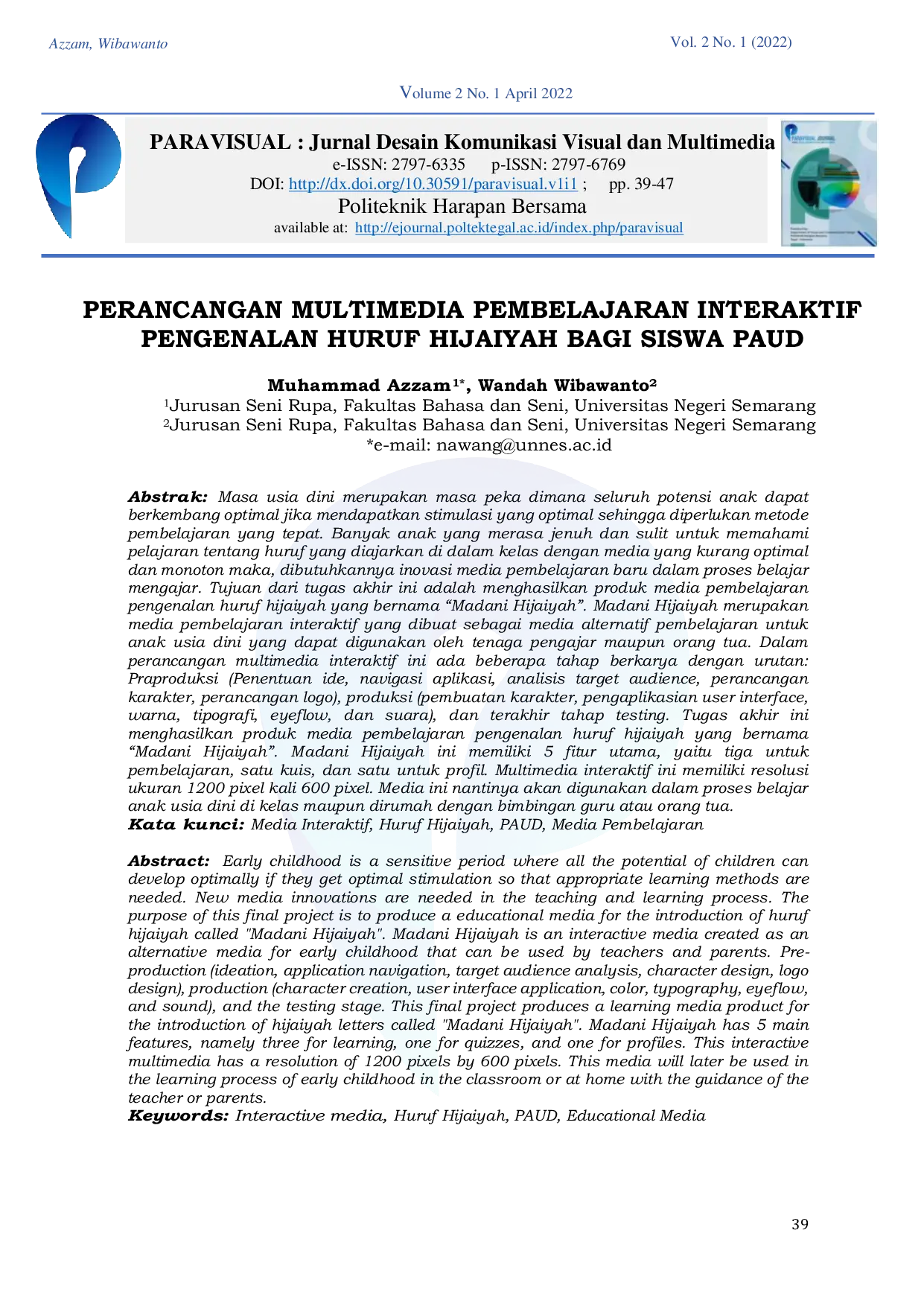 JURIS Perancangan Multimedia Pembelajaran Interaktif Pengenalan Huruf Hijaiyah Bagi Siswa Paud