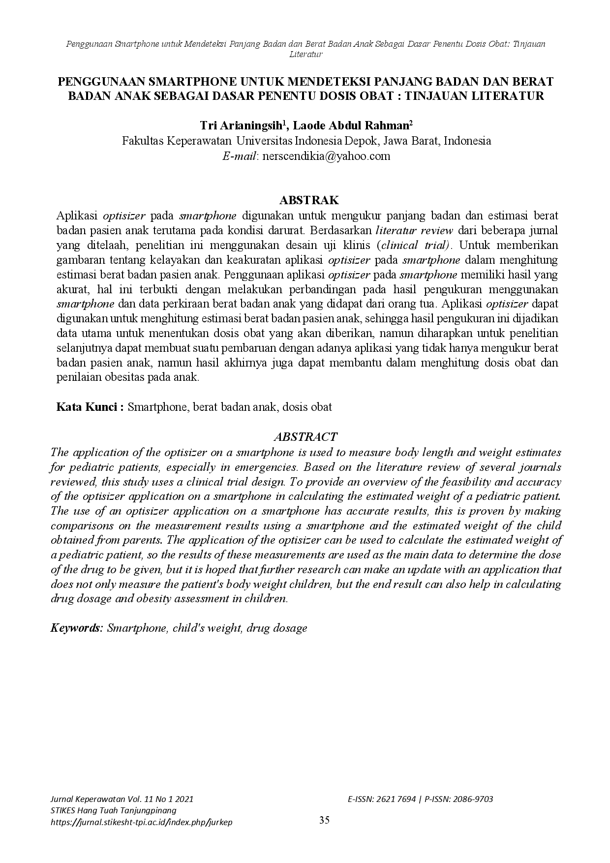 juris Penggunaan Smartphone untuk Mendeteksi Panjang Badan dan Berat Badan Anak Sebagai Dasar Penentu Dosis Obat Tinjauan Literatur