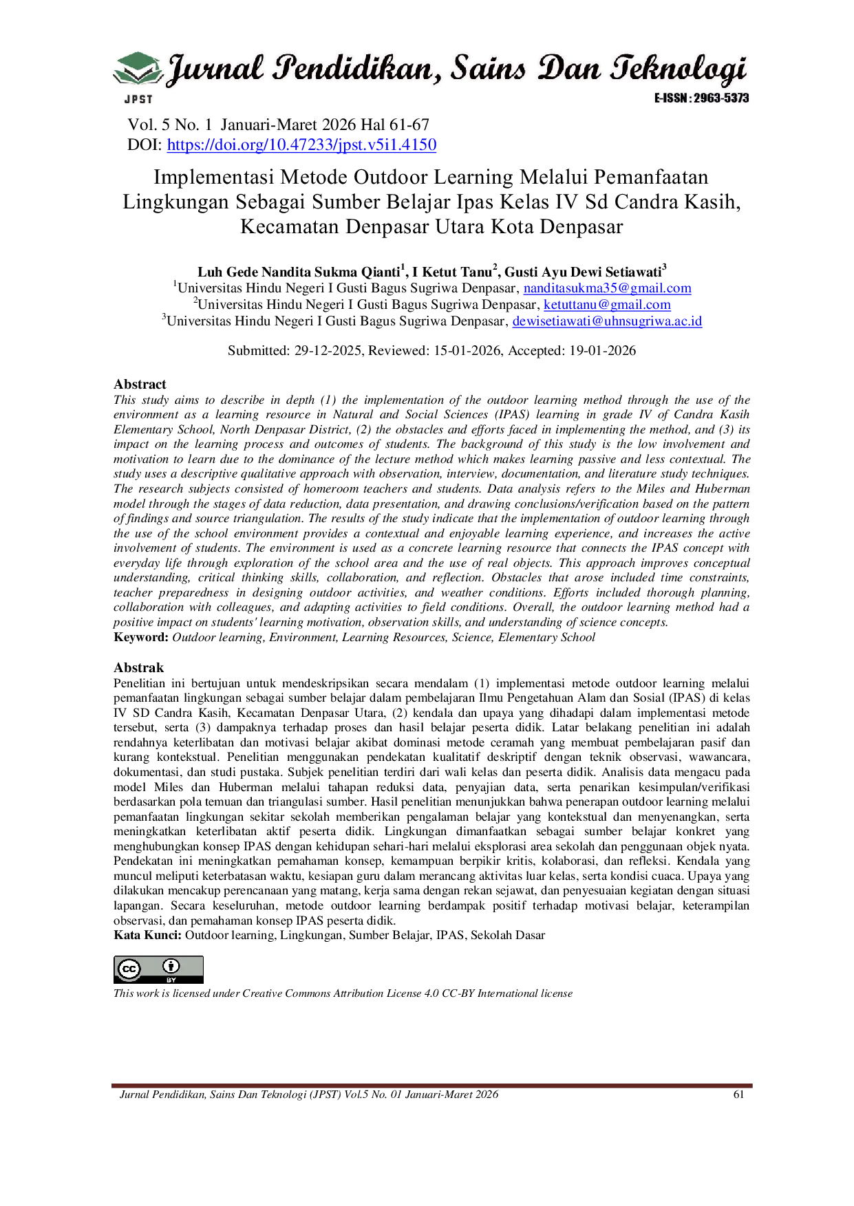 JURIS Implementasi Metode Outdoor Learning Melalui Pemanfaatan Lingkungan Sebagai Sumber Belajar Ipas Kelas IV Sd Candra Kasih Kecamatan Denpasar Utara Kota Denpasar