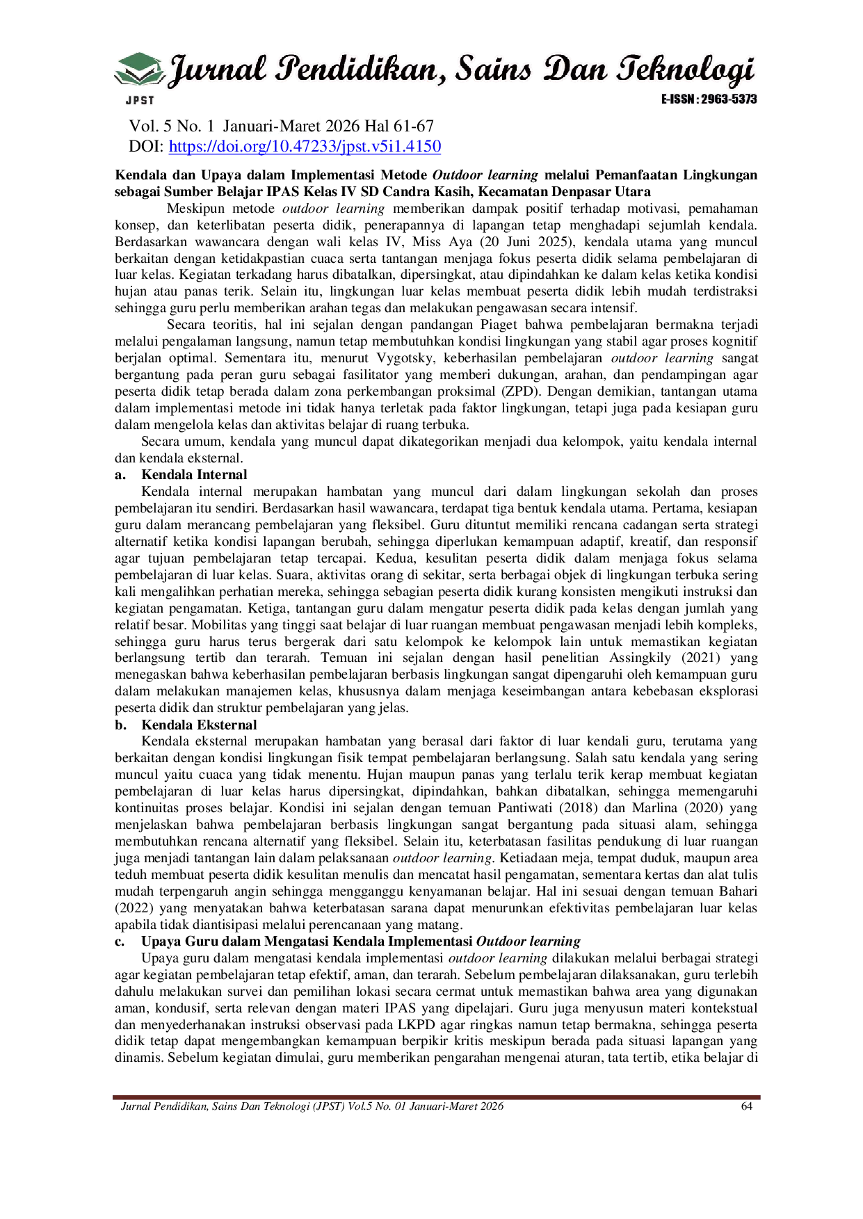JURIS Implementasi Metode Outdoor Learning Melalui Pemanfaatan Lingkungan Sebagai Sumber Belajar Ipas Kelas IV Sd Candra Kasih Kecamatan Denpasar Utara Kota Denpasar