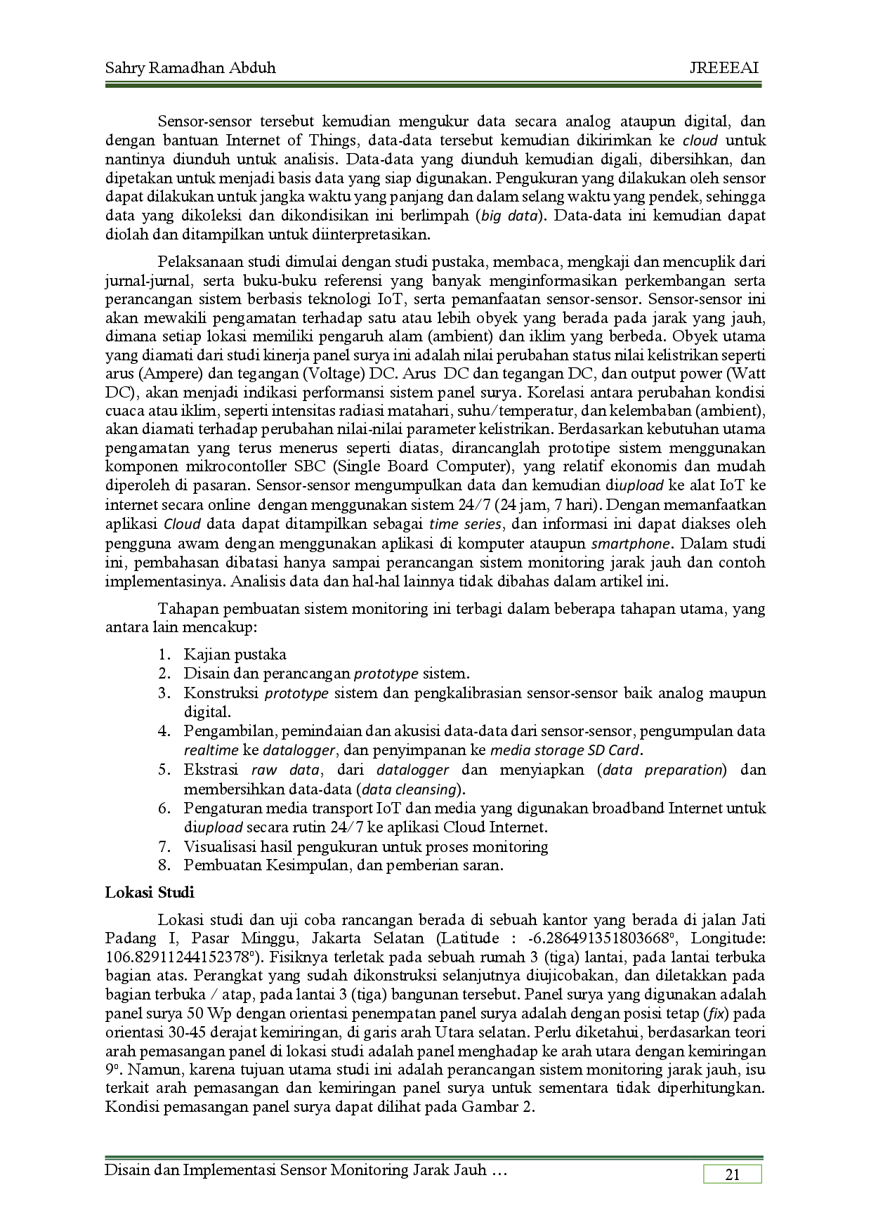 juris Disain dan Implementasi Sensor Monitoring Jarak Jauh Berbasis Iot Terhadap Kinerja Panel Surya