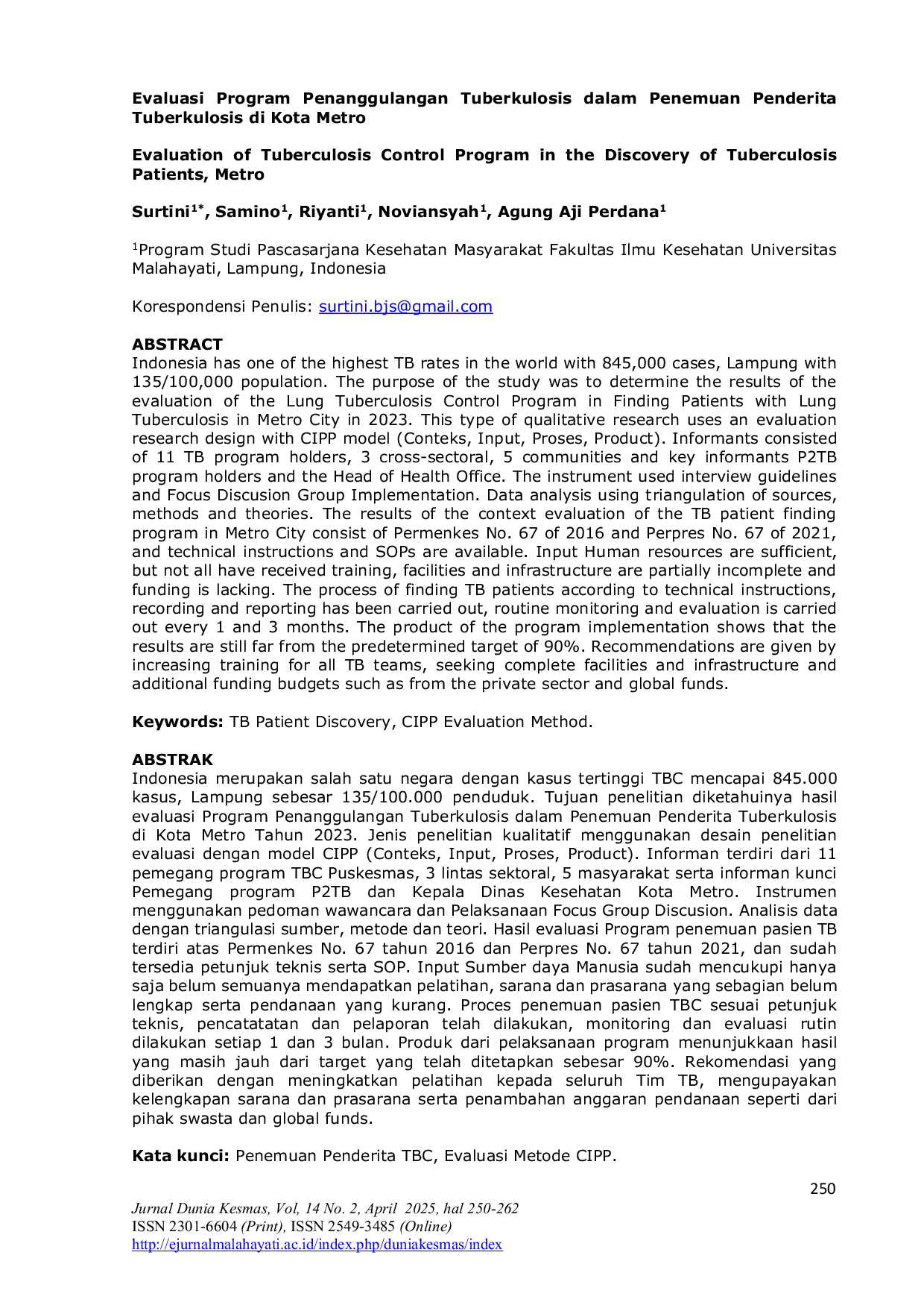 JURIS Evaluasi Program Penanggulangan Tuberkulosis dalam Penemuan Penderita Tuberkulosis