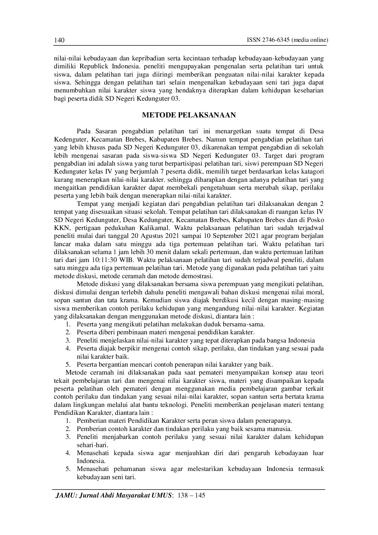 JURIS Pelatihan Tari untuk Membentuk Karakter bagi Peserta Didik SD Negeri Kedunguter 03