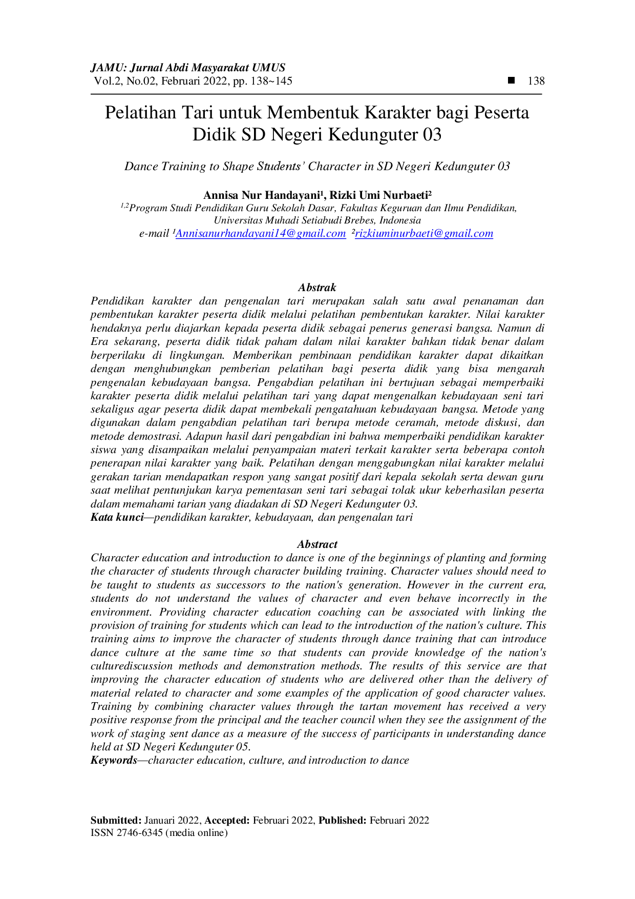 juris Pelatihan Tari untuk Membentuk Karakter bagi Peserta Didik SD Negeri Kedunguter 03