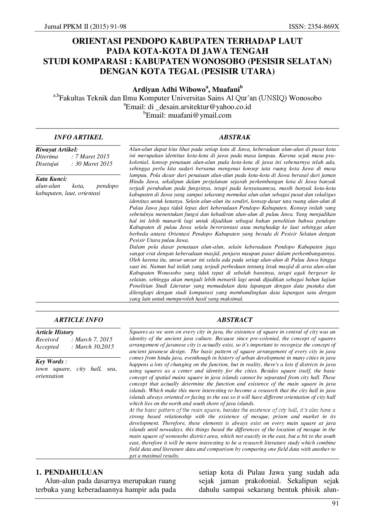 juris Orientasi Pendopo Kabupaten Terhadap Laut Pada Kota kota Di Jawa Tengah Studi Komparasi Kabupaten Wonosobo Pesisir Selatan Dengan Kota Tegal Pesisir Utara