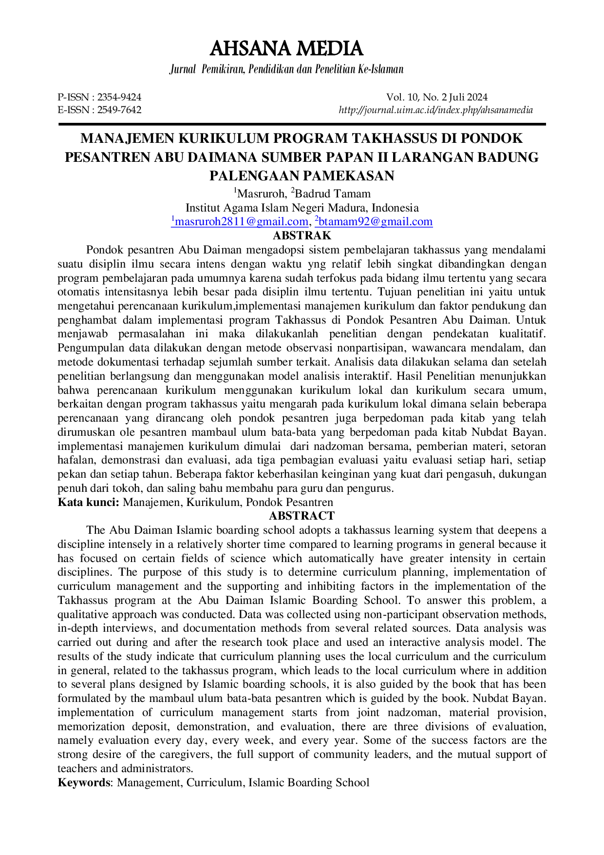 JURIS Manajemen Kurikulum Program Takhassus di Pondok Pesantren Abu Daiman Sumber Papan II Larangan Badung Palengaan Pamekasan