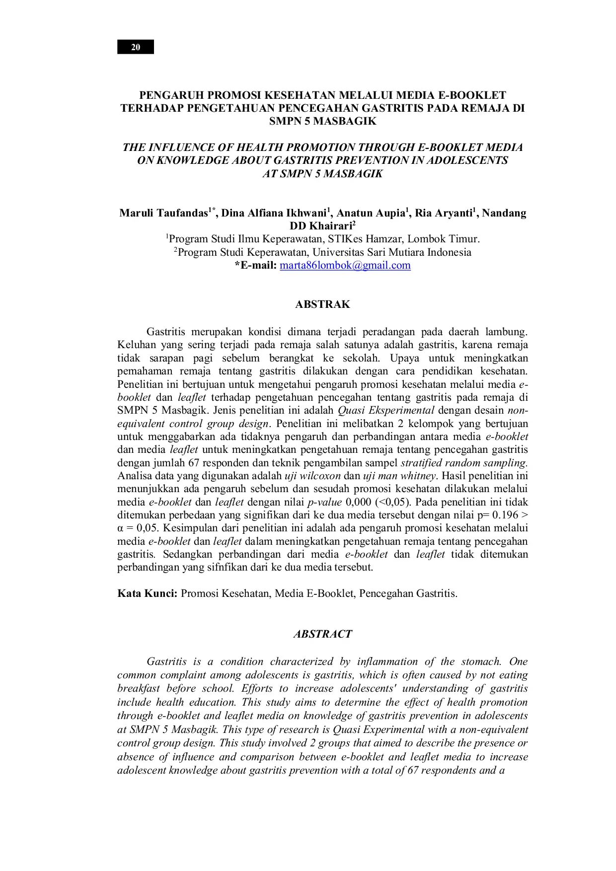 JURIS Pengaruh Promosi Kesehatan Melalui Media E Booklet terhadap Pengetahuan Pencegahan Gastritis pada Remaja di SMPN 5 Masbagik