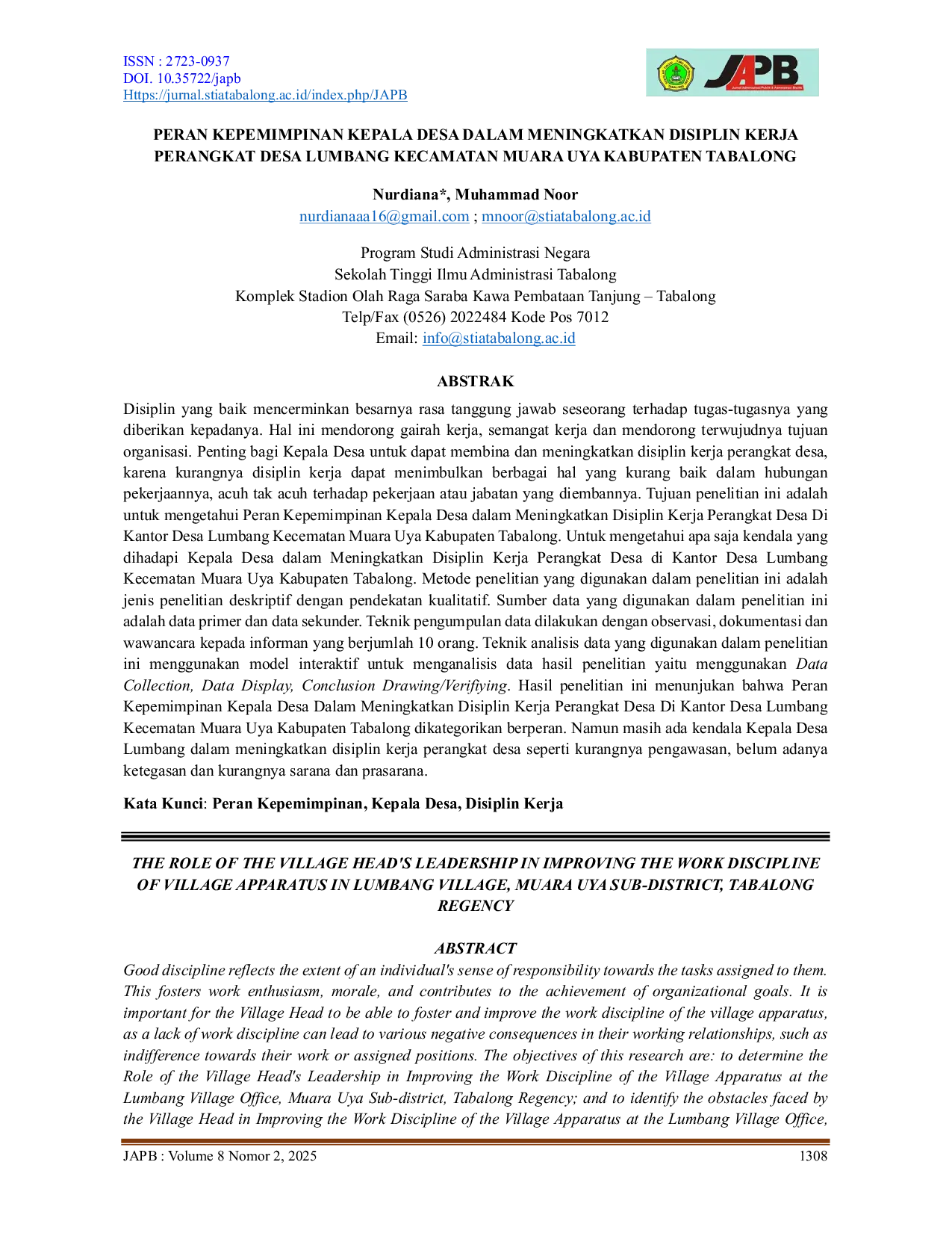 JURIS Peran Kepemimpinan Kepala Desa Dalam Meningkatkan Disiplin Kerja Perangkat Desa Lumbang Kecamatan Muara Uya Kabupaten Tabalong