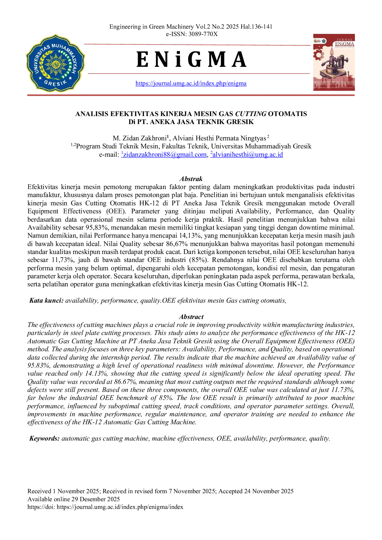 JURIS The ANALISIS EFEKTIVITAS KINERJA MESIN GAS CUTTING OTOMATIS Di PT ANEKA JASA TEKNIK GRESIK