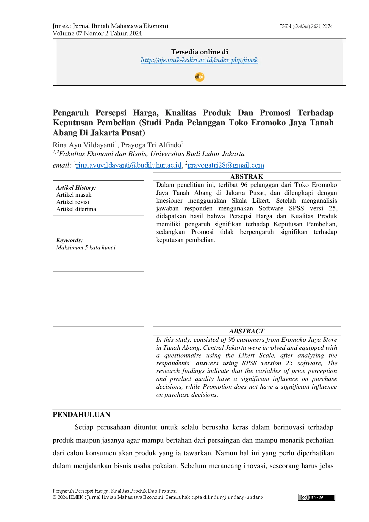 juris Pengaruh Persepsi Harga Kualitas Produk Dan Promosi Terhadap Keputusan Pembelian Studi Pada Pelanggan Toko Eromoko Jaya Tanah Abang Di Jakarta Pusat Studi Pada Pelanggan Toko Eromoko Jaya Tanah Ab