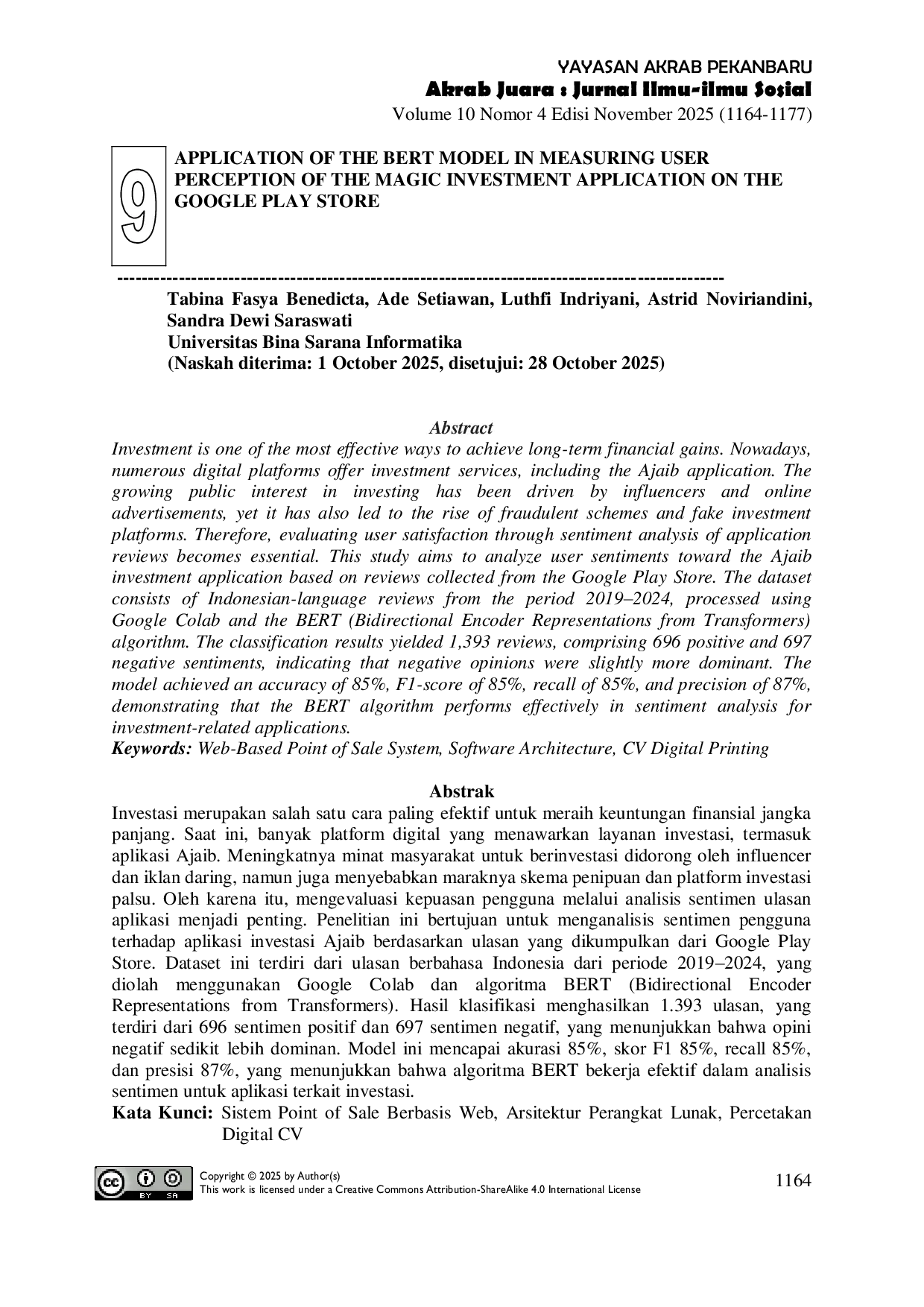 JURIS Aplikasi Model BERT dalam Mengukur Persepsi Pengguna Terhadap Aplikasi Investasi Magic di Google Play Store