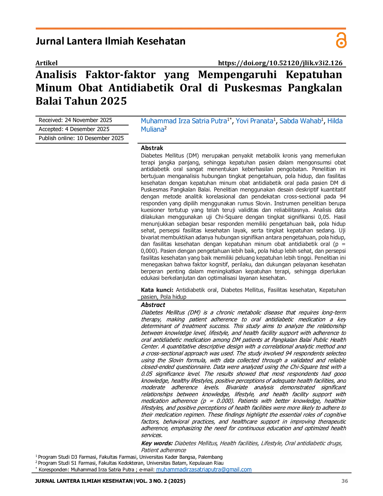 JURIS Analisis Faktor faktor yang Mempengaruhi Kepatuhan Minum Obat Antidiabetik Oral di Puskesmas Pangkalan Balai Tahun 2025