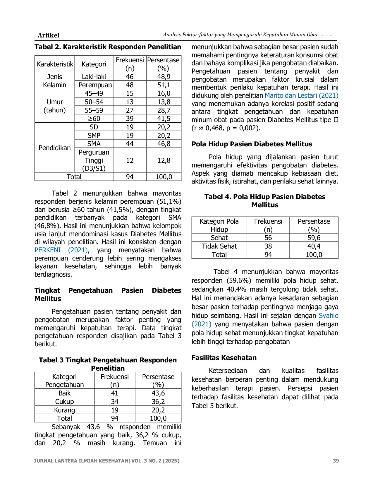JURIS Analisis Faktor faktor yang Mempengaruhi Kepatuhan Minum Obat Antidiabetik Oral di Puskesmas Pangkalan Balai Tahun 2025