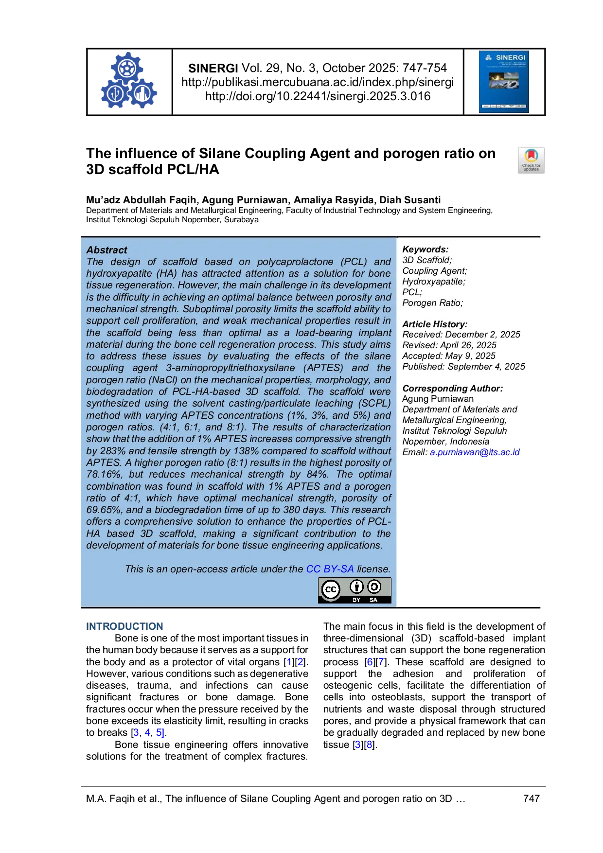 JURIS The influence of Silane Coupling Agent and porogen ratio on 3D scaffold PCL HA