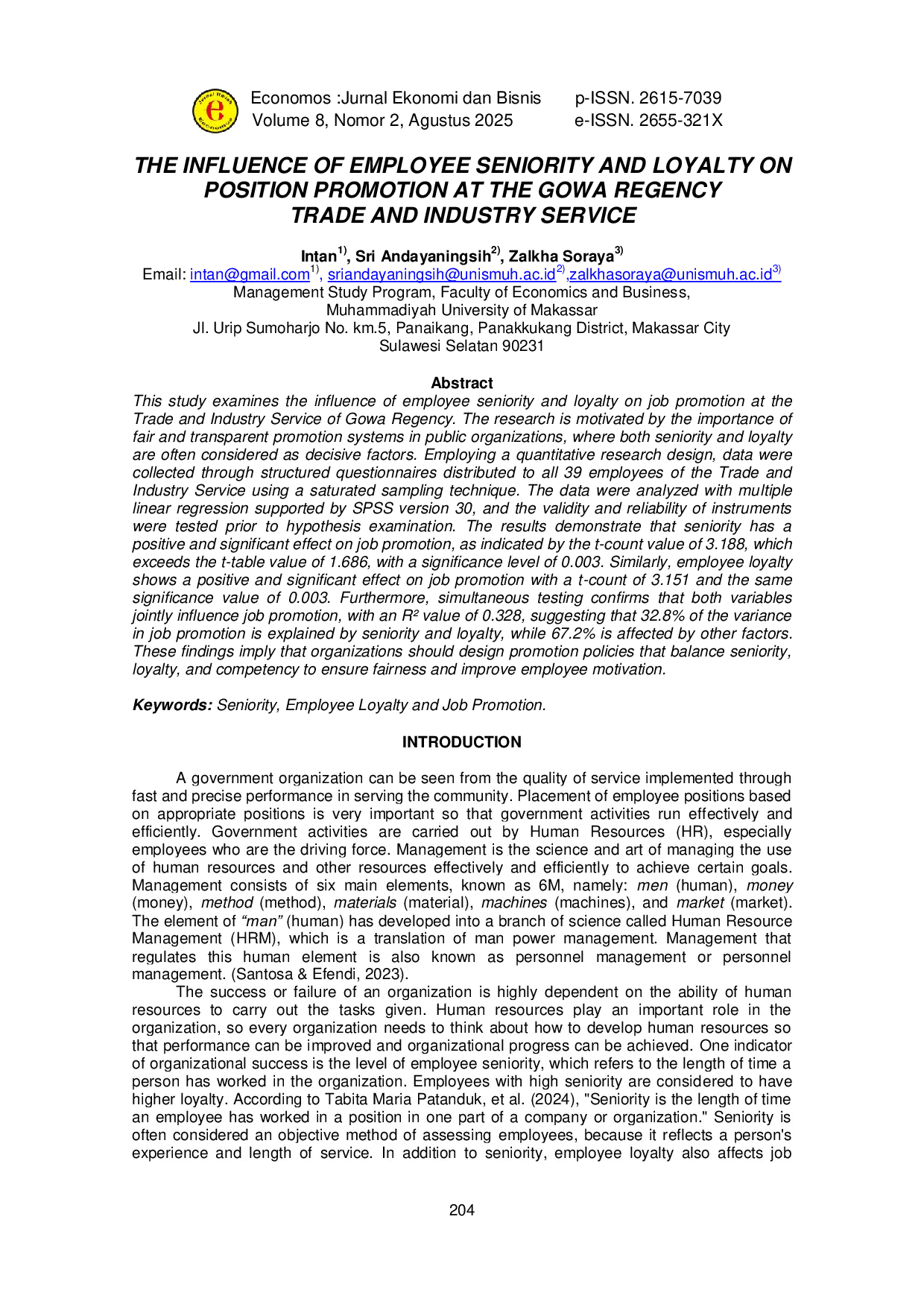JURIS The Influence Of Employee Seniority And Loyalty On Position Promotion At The Gowa Regency Trade And Industry Service
