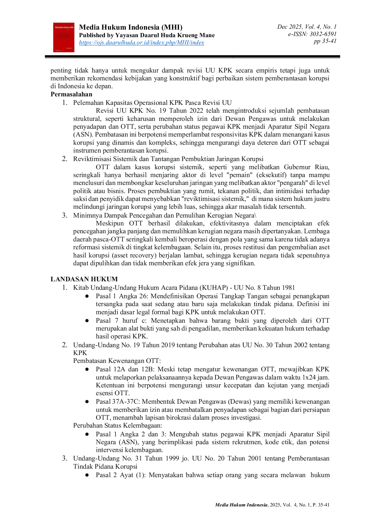 JURIS Efektivitas OTT KPK Pasca Revisi UU KPK dalam Mengungkap Korupsi Sistemik di Pemerintahan Daerah Studi Kasus Gubernur Riau