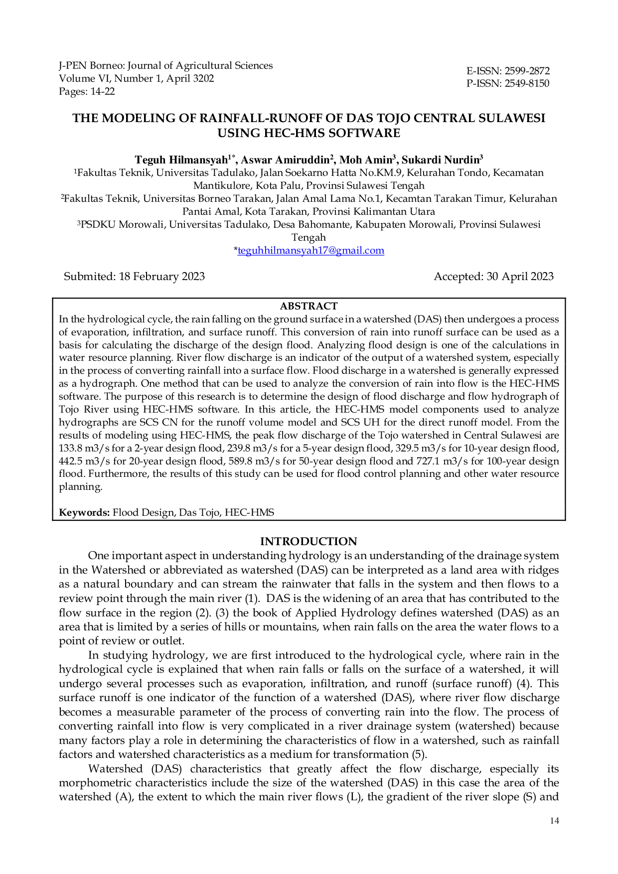 JURIS The Modeling of Rainfall Runoff of Das Tojo Central Sulawesi Using Hec Hms Software