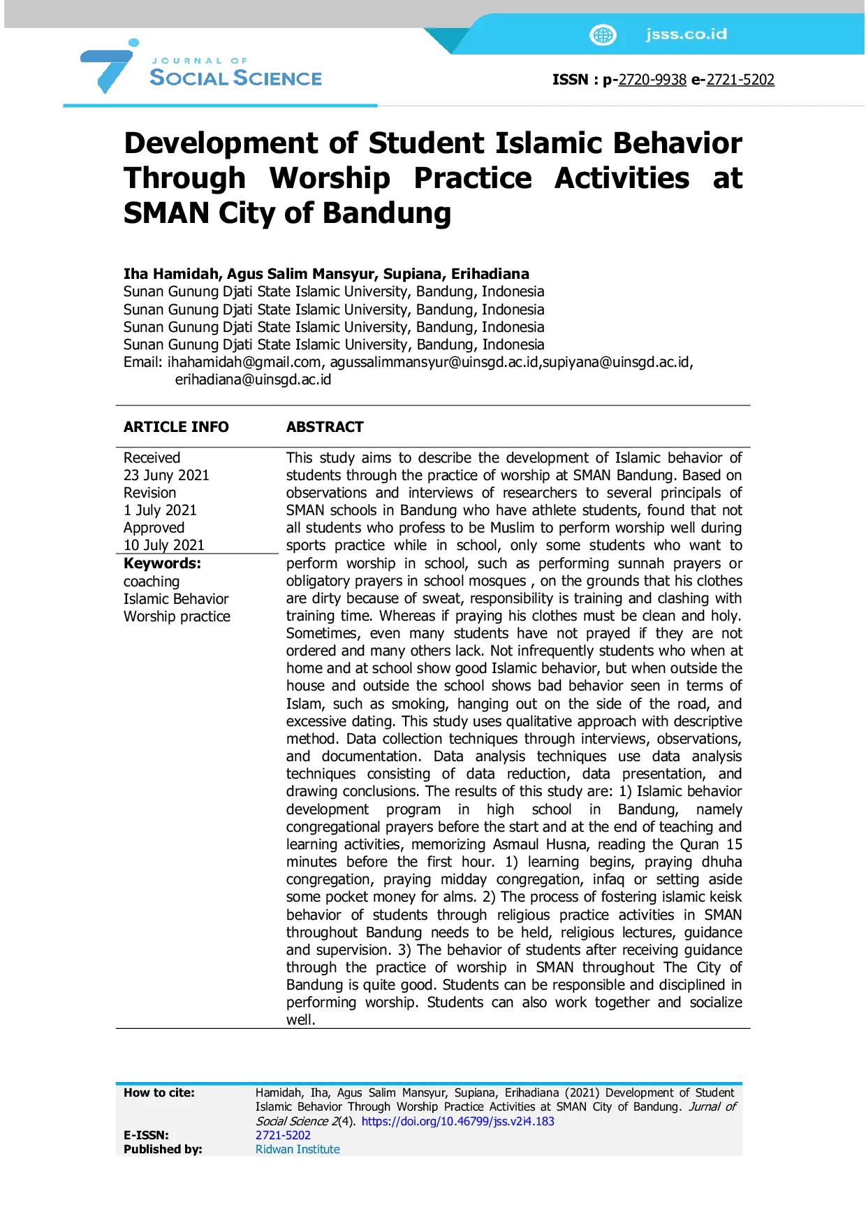 JURIS Development of Student Islamic Behavior Through Worship Practice Activities at SMAN City of Bandung