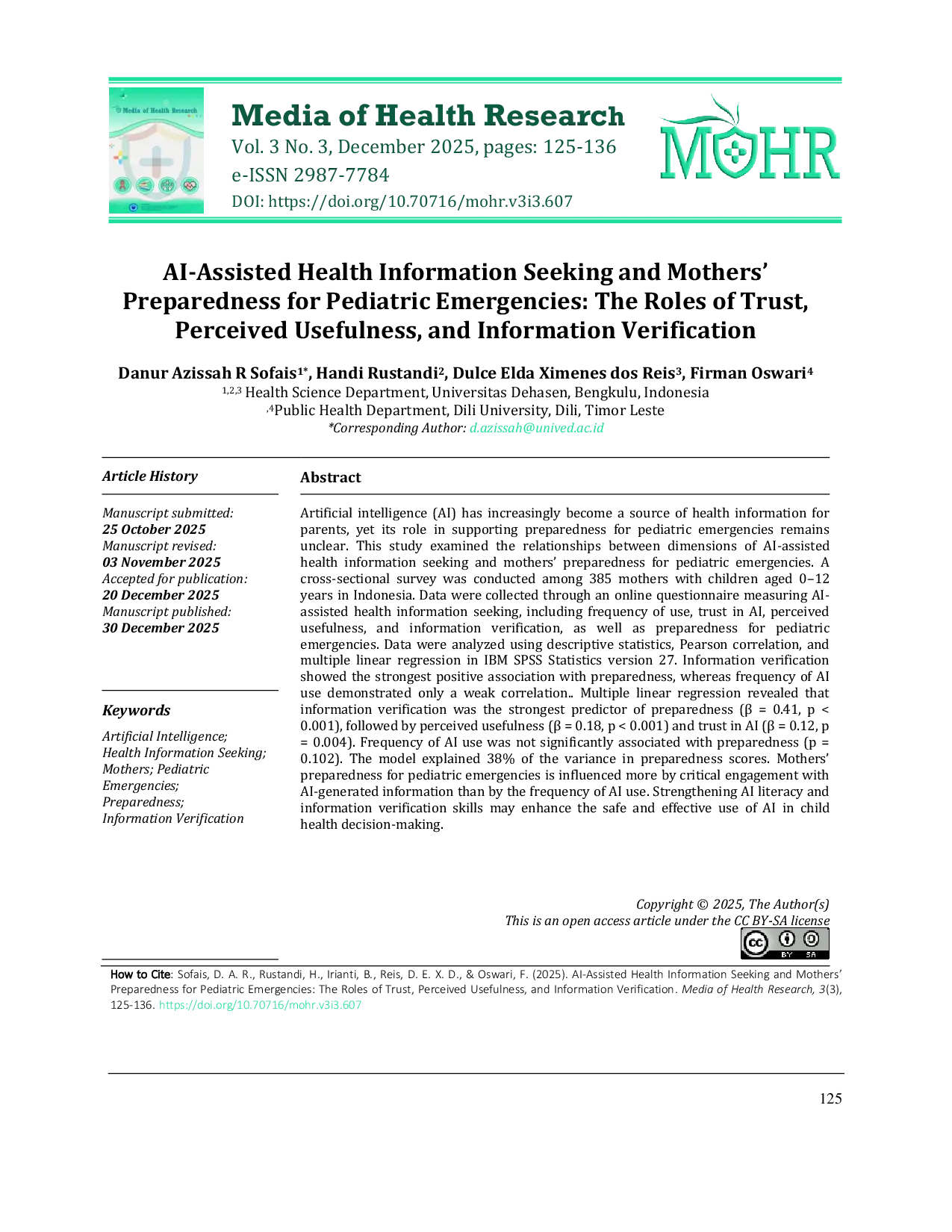 JURIS AI Assisted Health Information Seeking and Mothers Preparedness for Pediatric Emergencies The Roles of Trust Perceived Usefulness and Information Verification