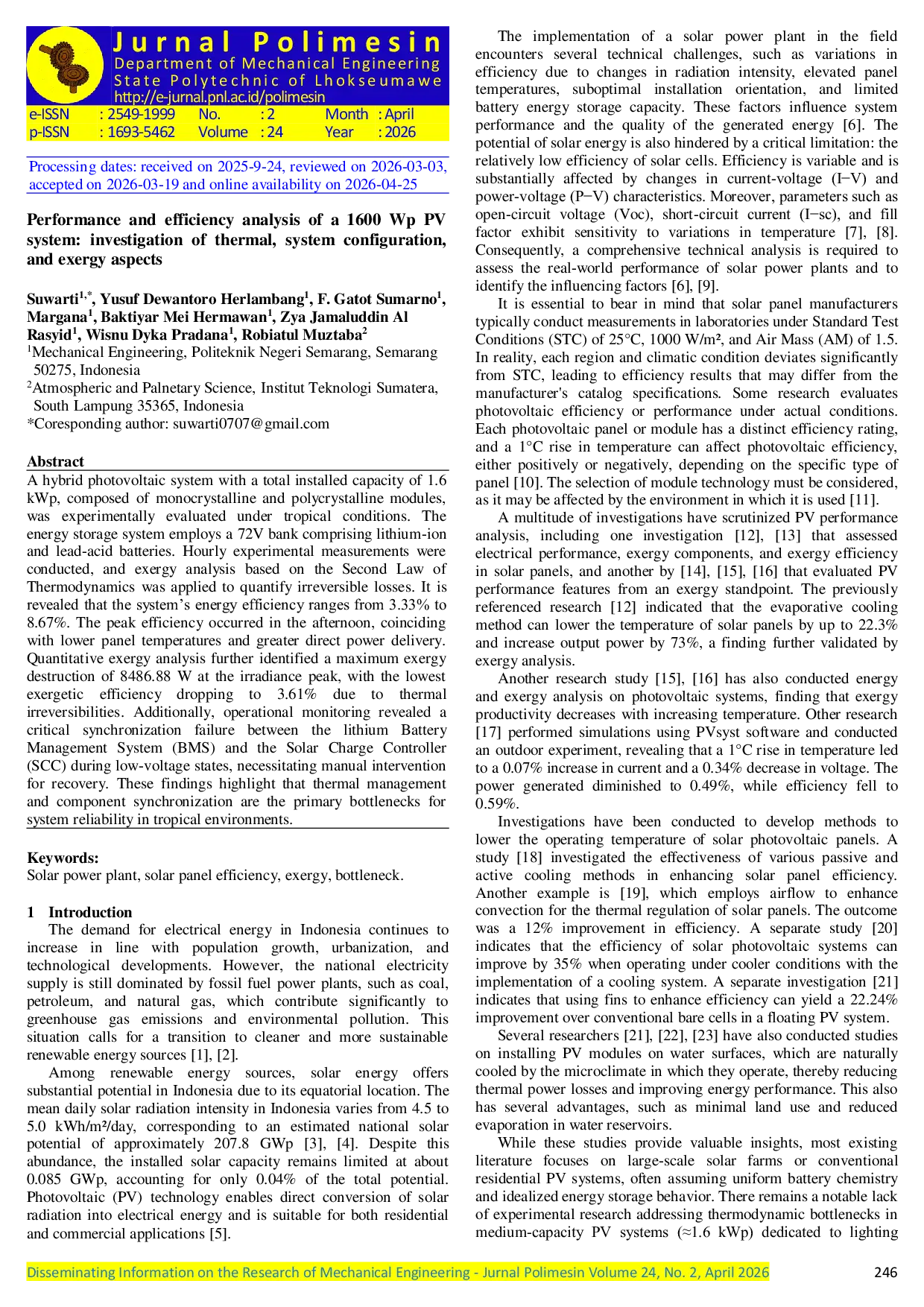 JURIS Performance and efficiency analysis of a 1600 Wp PV system investigation of thermal system configuration and exergy aspects