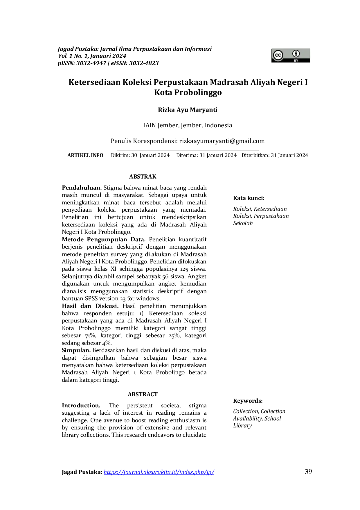 juris Ketersediaan Koleksi Perpustakaan Madrasah Aliyah Negeri I Kota Probolinggo