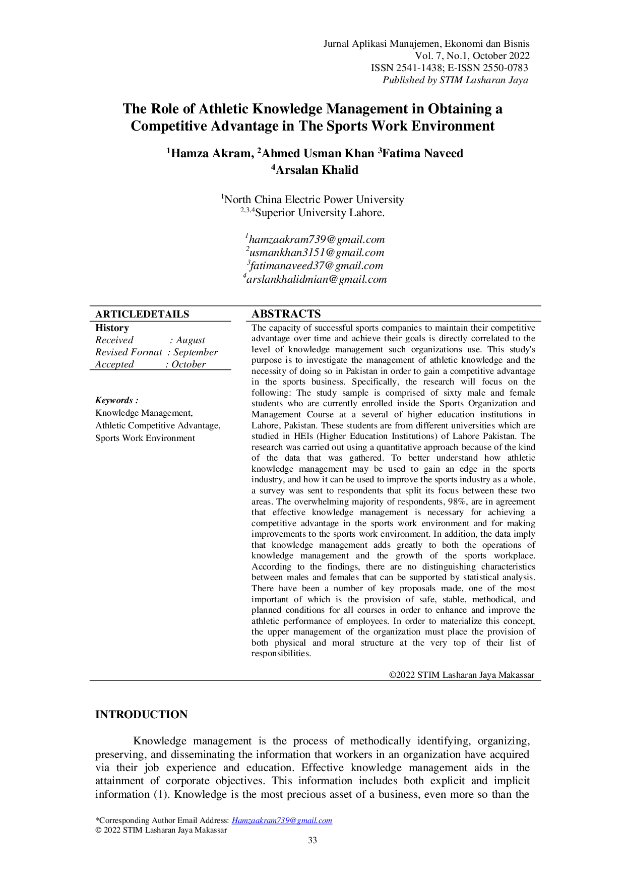 juris The Role of Athletic Knowledge Management in Obtaining a Competitive Advantage in the Sports Work Environment