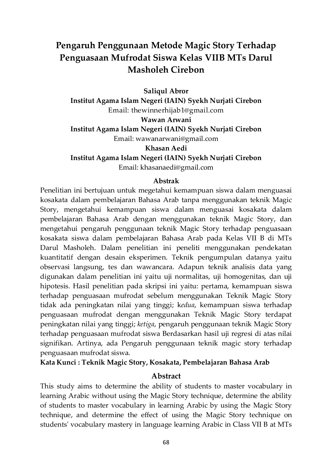 JURIS Pengaruh Penggunaan Metode Magic Story Terhadap Penguasaan Mufrodat Siswa Kelas VIIB MTs Darul Masholeh Cirebon