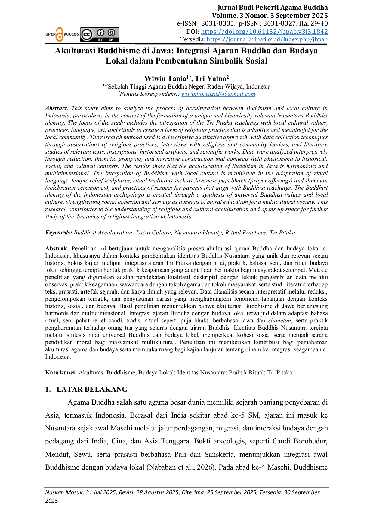 JURIS Akulturasi Buddhisme di Jawa Integrasi Ajaran Buddha dan Budaya Lokal dalam Pembentukan Simbolik Sosial