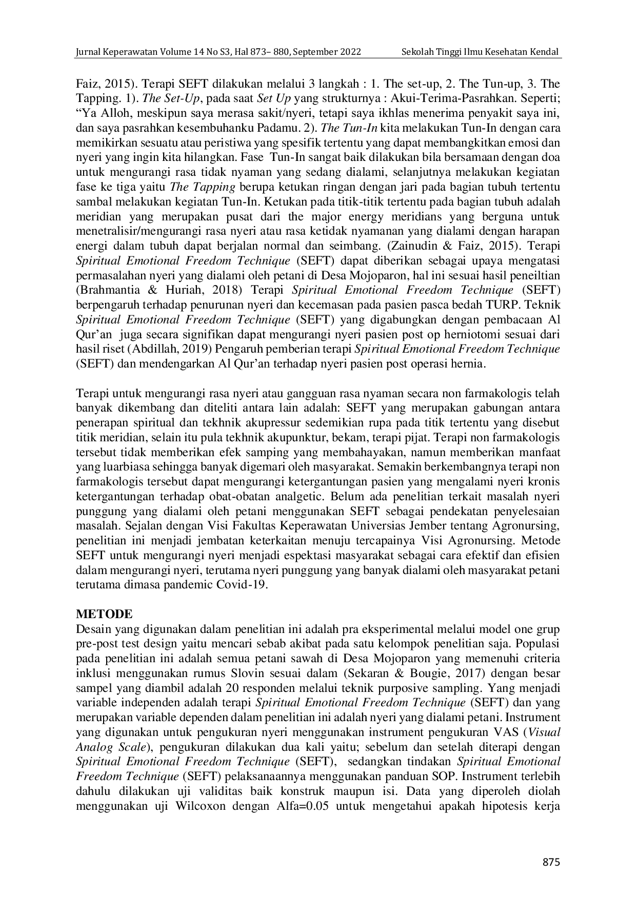 JURIS Efektivitas Teknik Self Emotional Freedom Technique SEFT Terhadap Penurunan Intensitas Nyeri Pada Petani Di Era Pandemi Covid 19