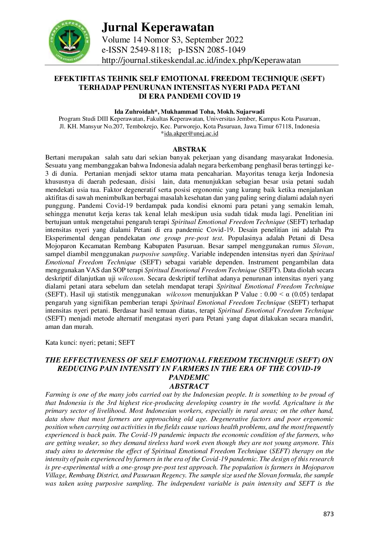 JURIS Efektivitas Teknik Self Emotional Freedom Technique SEFT Terhadap Penurunan Intensitas Nyeri Pada Petani Di Era Pandemi Covid 19