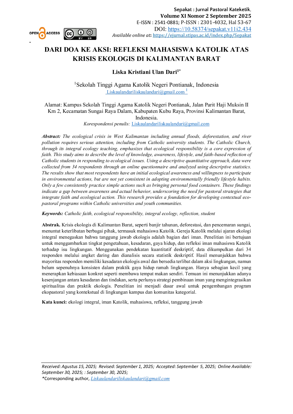 JURIS Dari Doa ke Aksi Refleksi Mahasiswa Katolik atas Krisis Ekologis di Kalimantan Barat