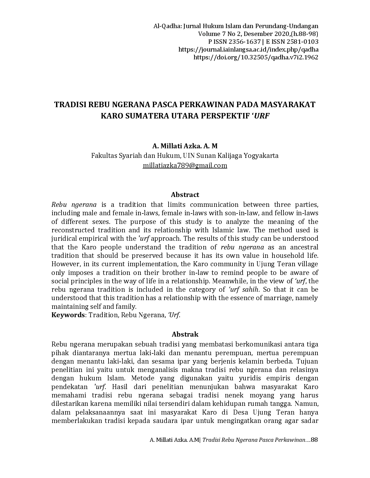 juris Tradisi Rebu Ngerana Pasca Perkawinan Pada Masyarakat Karo Sumatera Utara Perspektif Urf