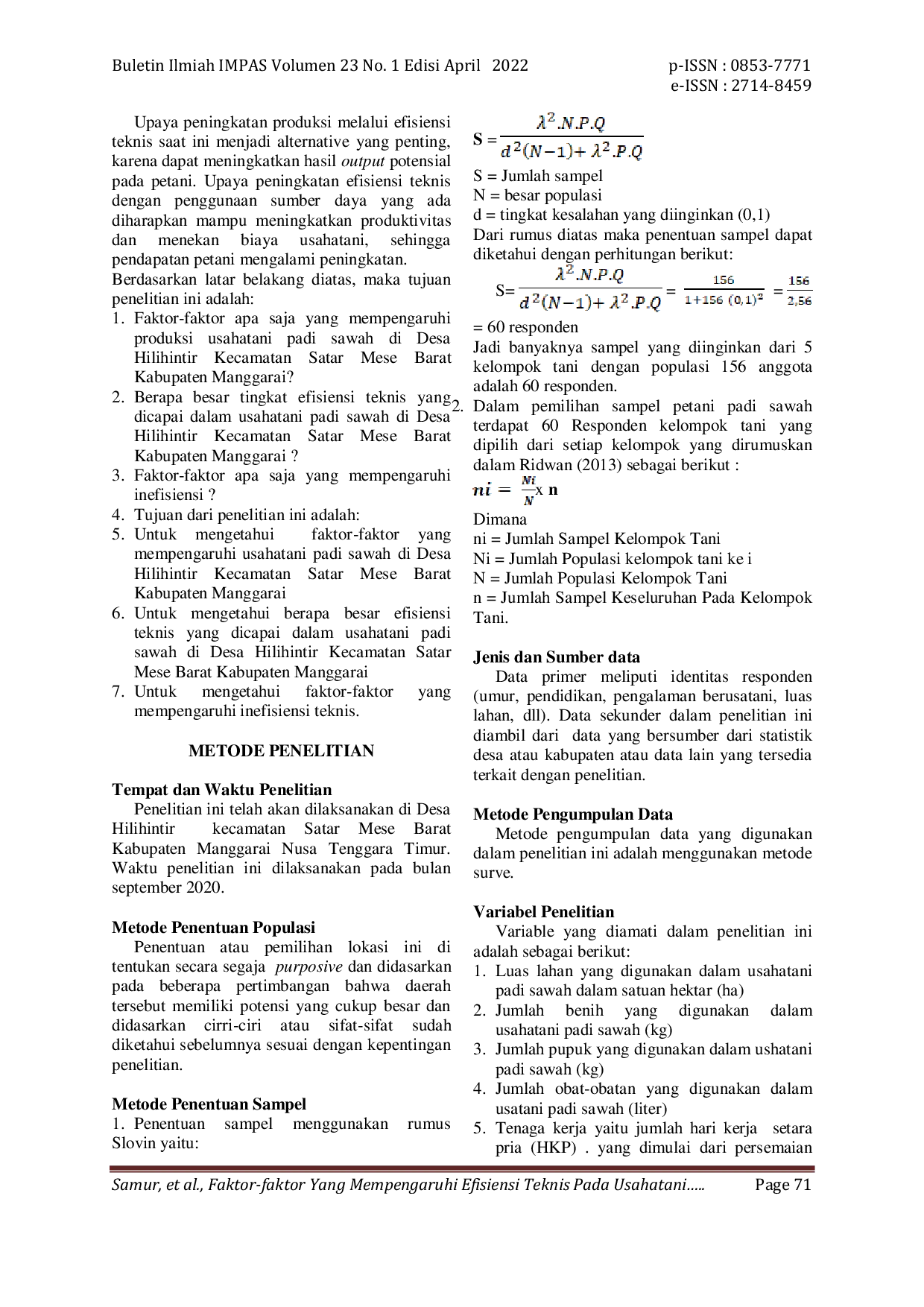 JURIS Faktor Faktor yang Mempengaruhi Efisiensi Teknis pada Usahatani Padi Sawah di Desa Hilihintir Kecamatan Satar Mese Barat Kabupaten Manggarai