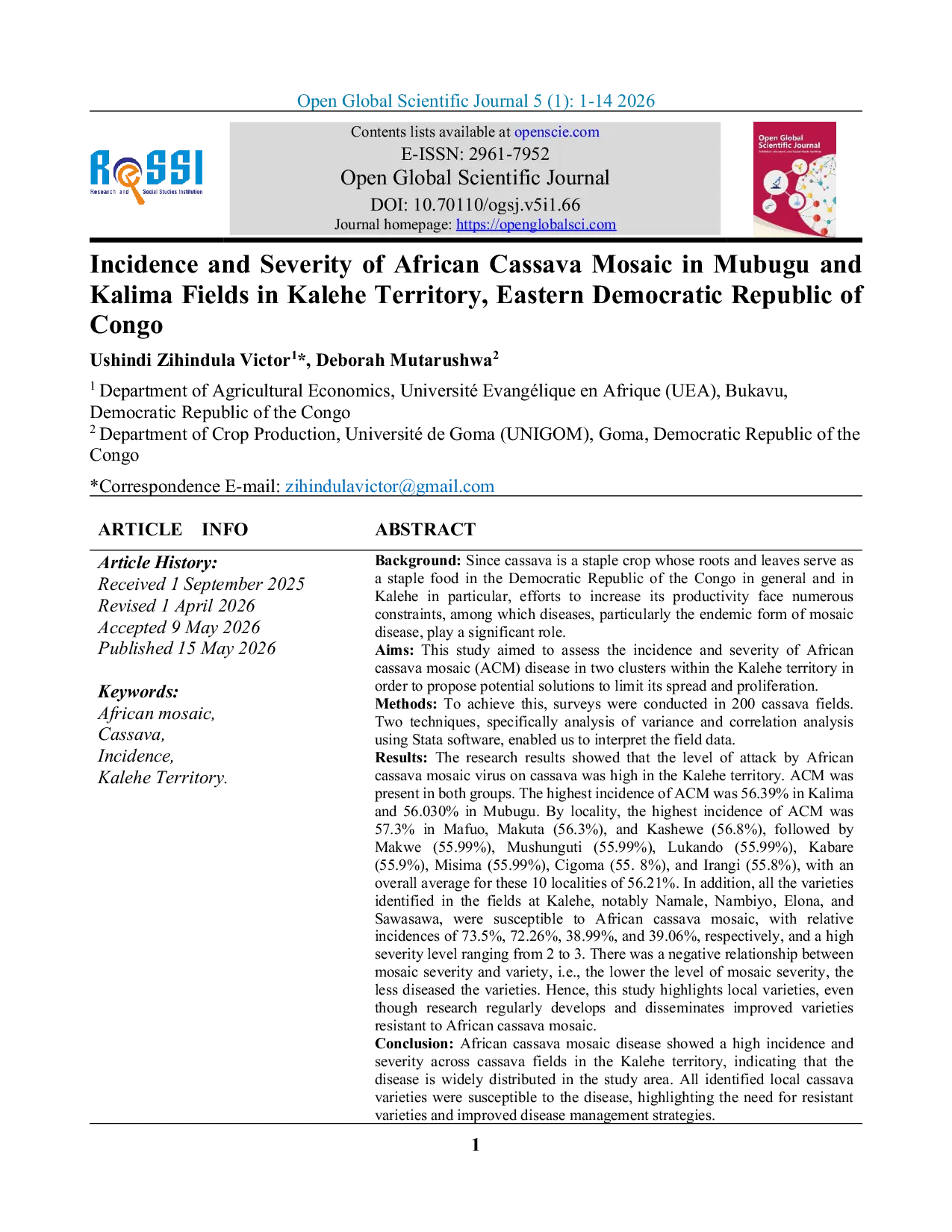 JURIS Incidence and Severity of African Cassava Mosaic in Mubugu and Kalima Fields in Kalehe Territory Eastern Democratic Republic of Congo