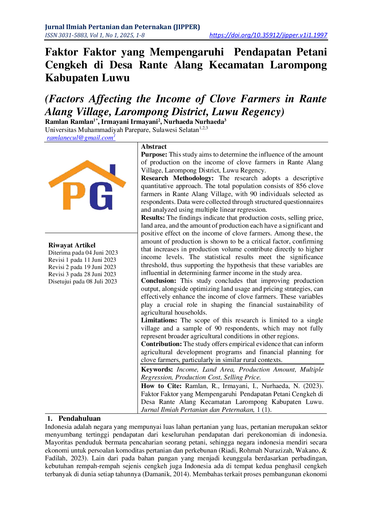 JURIS Faktor Faktor yang Mempengaruhi Pendapatan Petani Cengkeh di Desa Rante Alang Kecamatan Larompong Kabupaten Luwu
