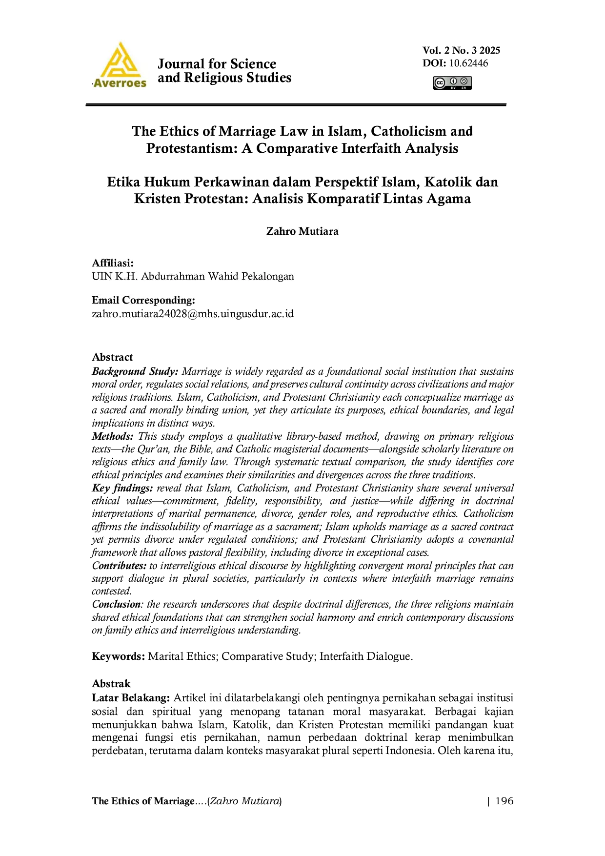 JURIS Etika Hukum Perkawinan dalam Perspektif Islam Katolik dan Kristen Protestan Analisis Komparatif Lintas Agama