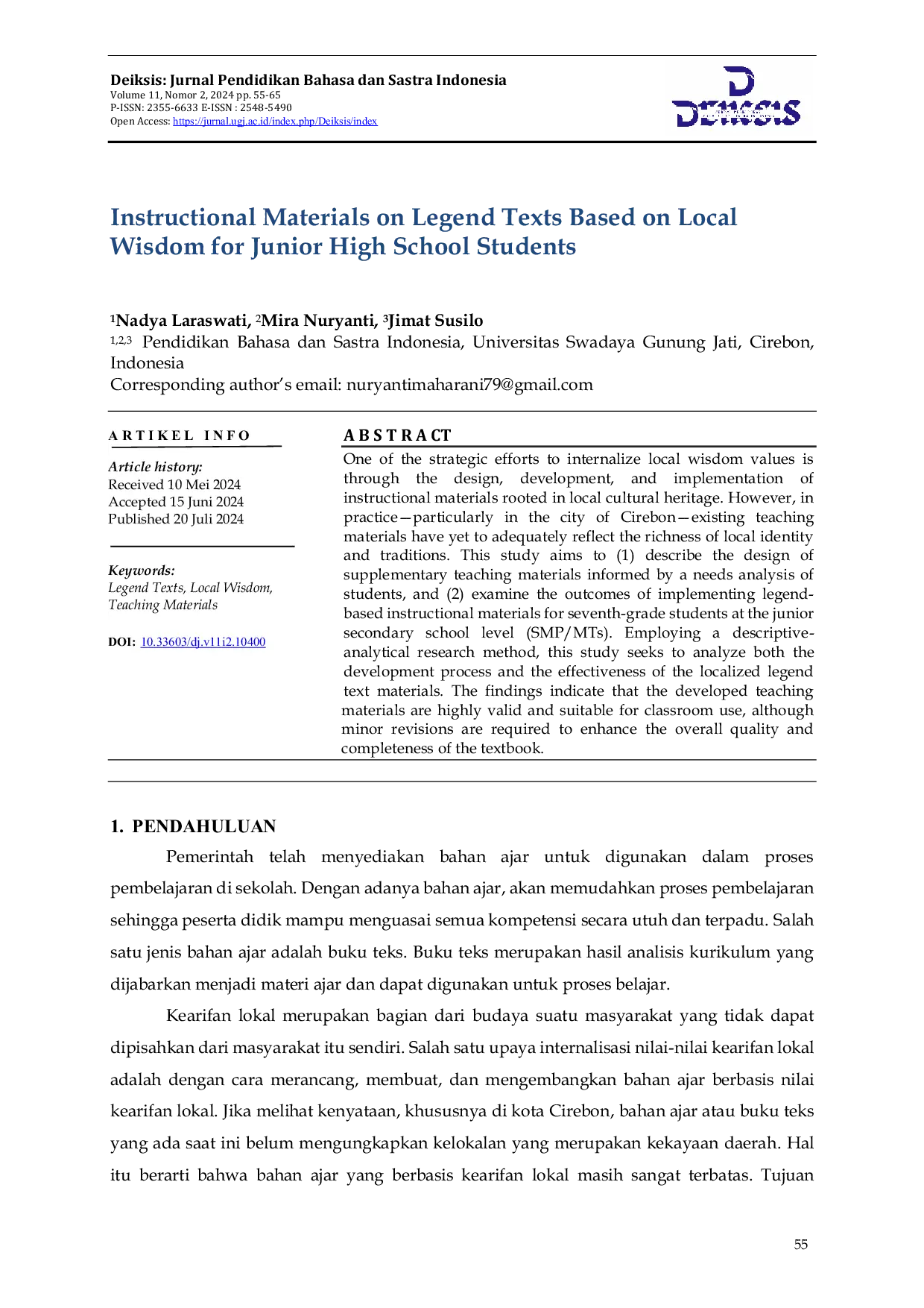 JURIS Instructional Materials on Legend Texts Based on Local Wisdom for Junior High School Students