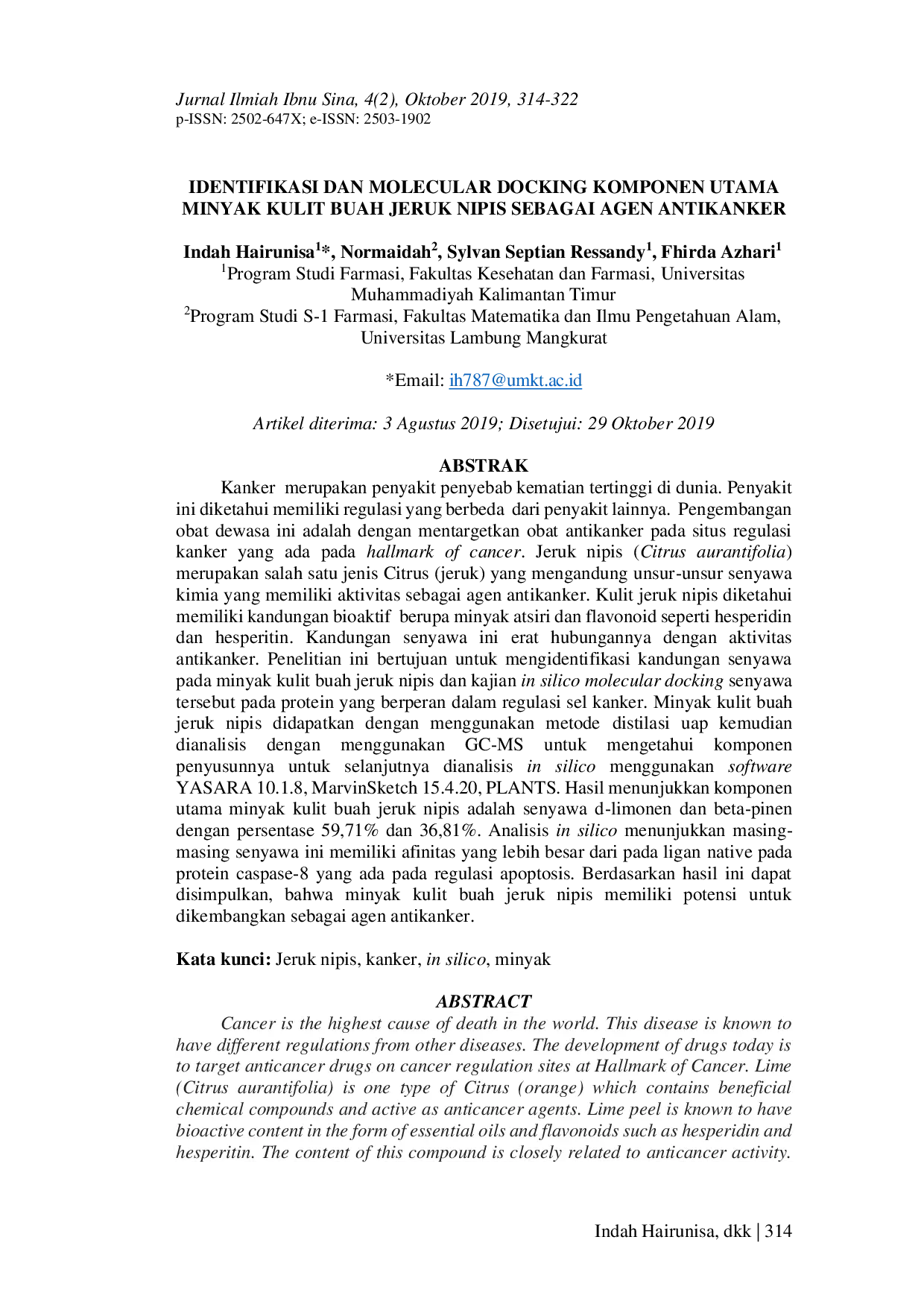 JURIS Identification and Molecular Docking of Main Components of Lime Peel Oil as an Anticancer Agent