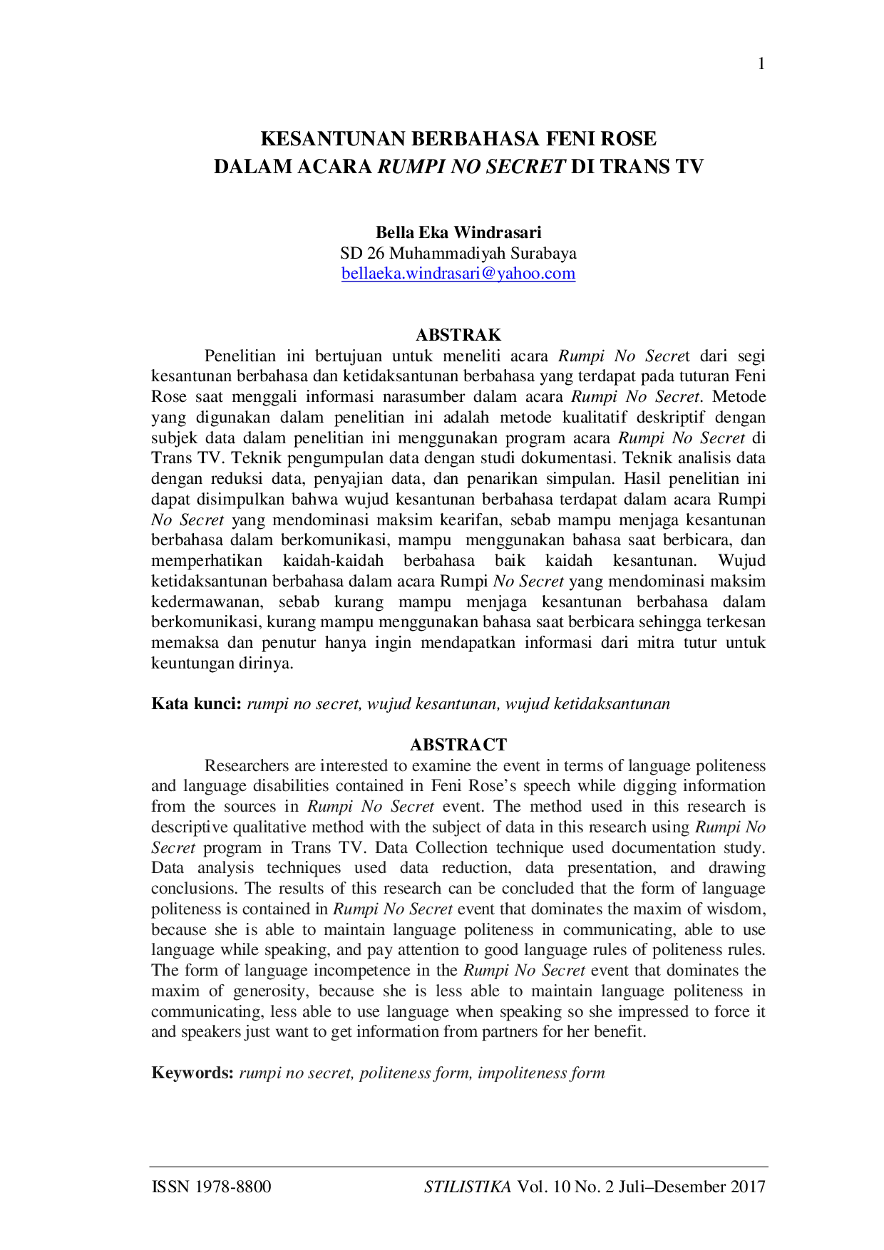 JURIS Kesantunan Berbahasa Feni Rose Dalam Acara Rumpi No Secret Di Trans TV