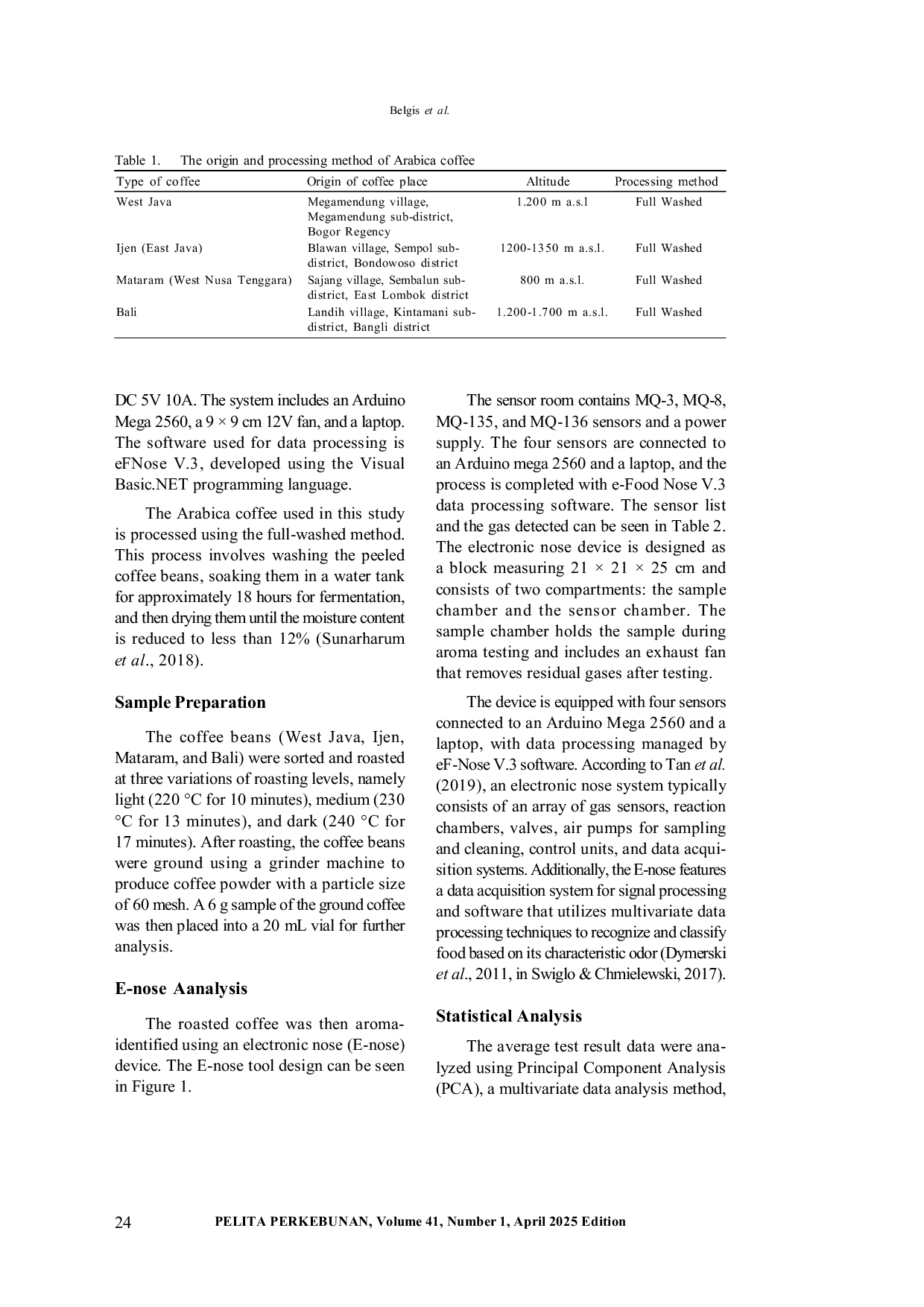 JURIS Differentiation of Arabica Coffee from Several Regions and Roasting Condition by Detecting Released Gases Using Electronic Food Nose