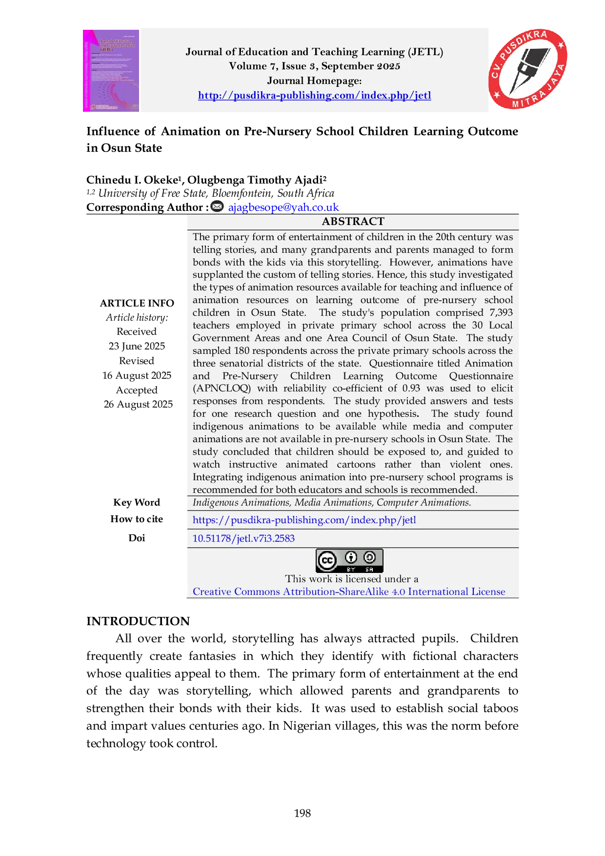 JURIS Influence of Animation on Pre Nursery School Children Learning Outcome in Osun State