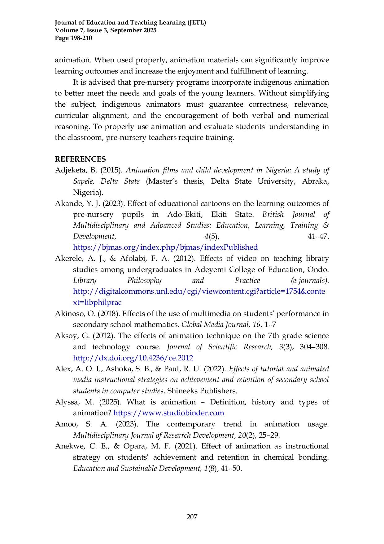 JURIS Influence of Animation on Pre Nursery School Children Learning Outcome in Osun State