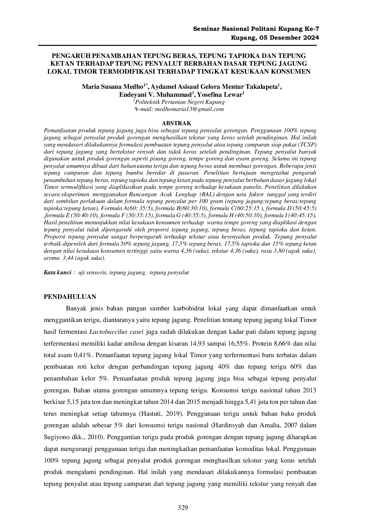 JURIS Pengaruh Penambahan Tepung Beras Tepung Tapioka Dan Tepung Ketan Terhadap Tepung Penyalut Berbahan Dasar Tepung Jagung Lokal Timor Termodifikasi Terhadap Tingkat Kesukaan Konsumen