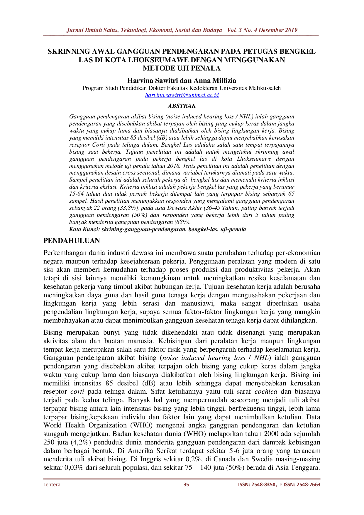 JURIS Skrinning Awal Gangguan Pendengaran Pada Petugas Bengkel Las Di Kota Lhokseumawe Dengan Menggunakan Metode Uji Penala