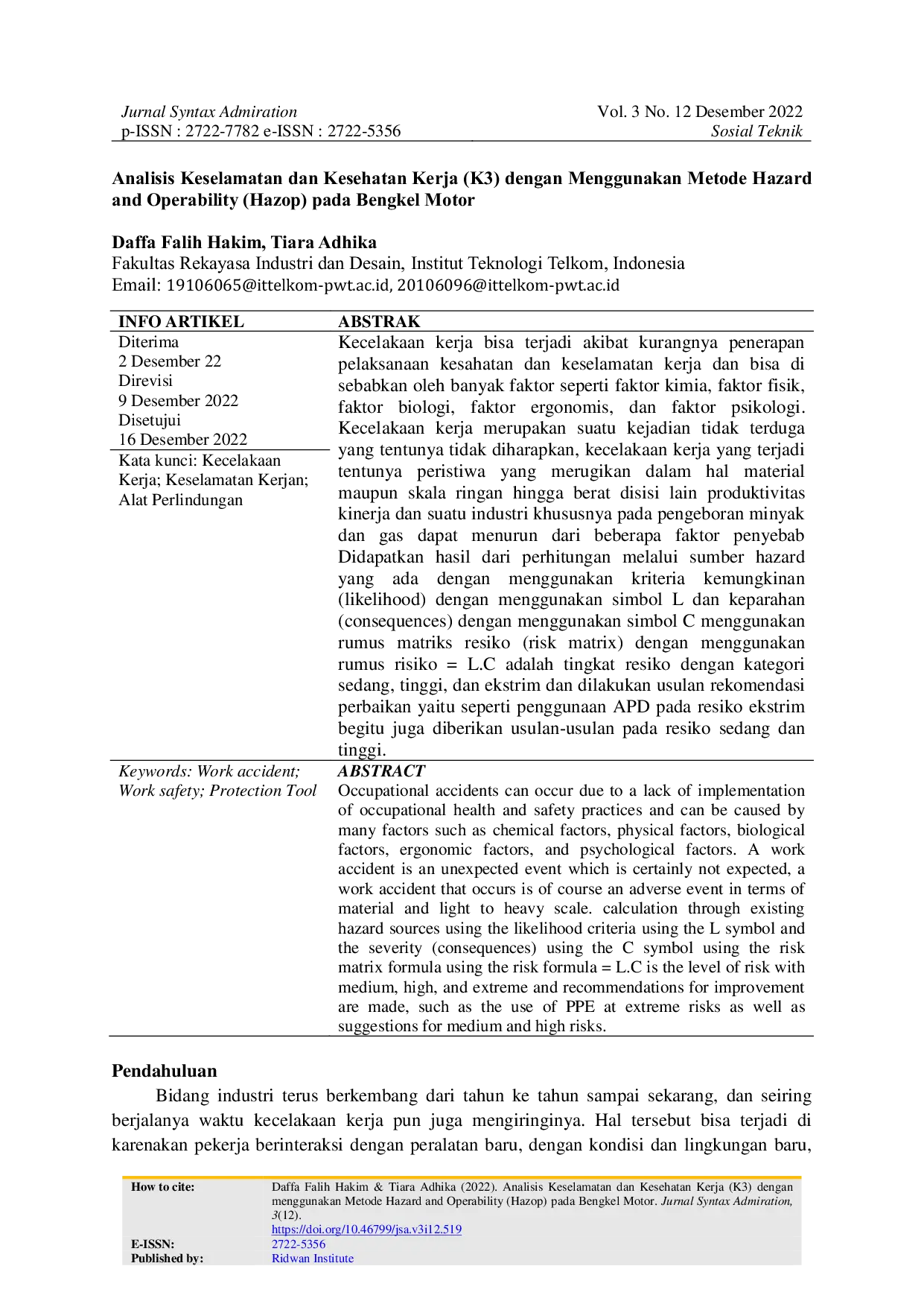 JURIS Analisis Keselamatan dan Kesehatan Kerja K3 dengan Menggunakan Metode Hazard and Operability Hazop pada Bengkel Motor