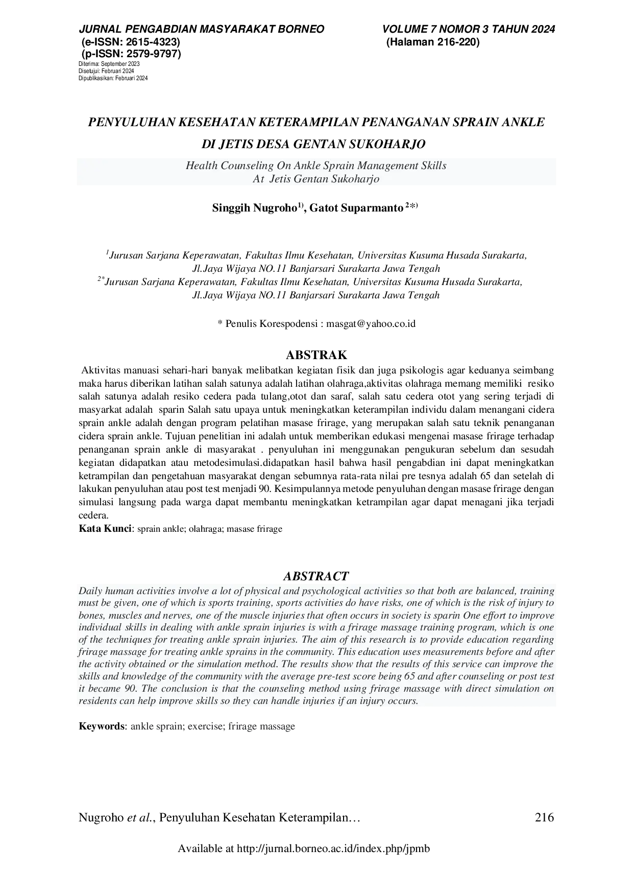 JURIS Penyuluhan Kesehatan Keterampilan Penanganan Sprain Ankle Di Jetis Desa Gentan Sukoharjo