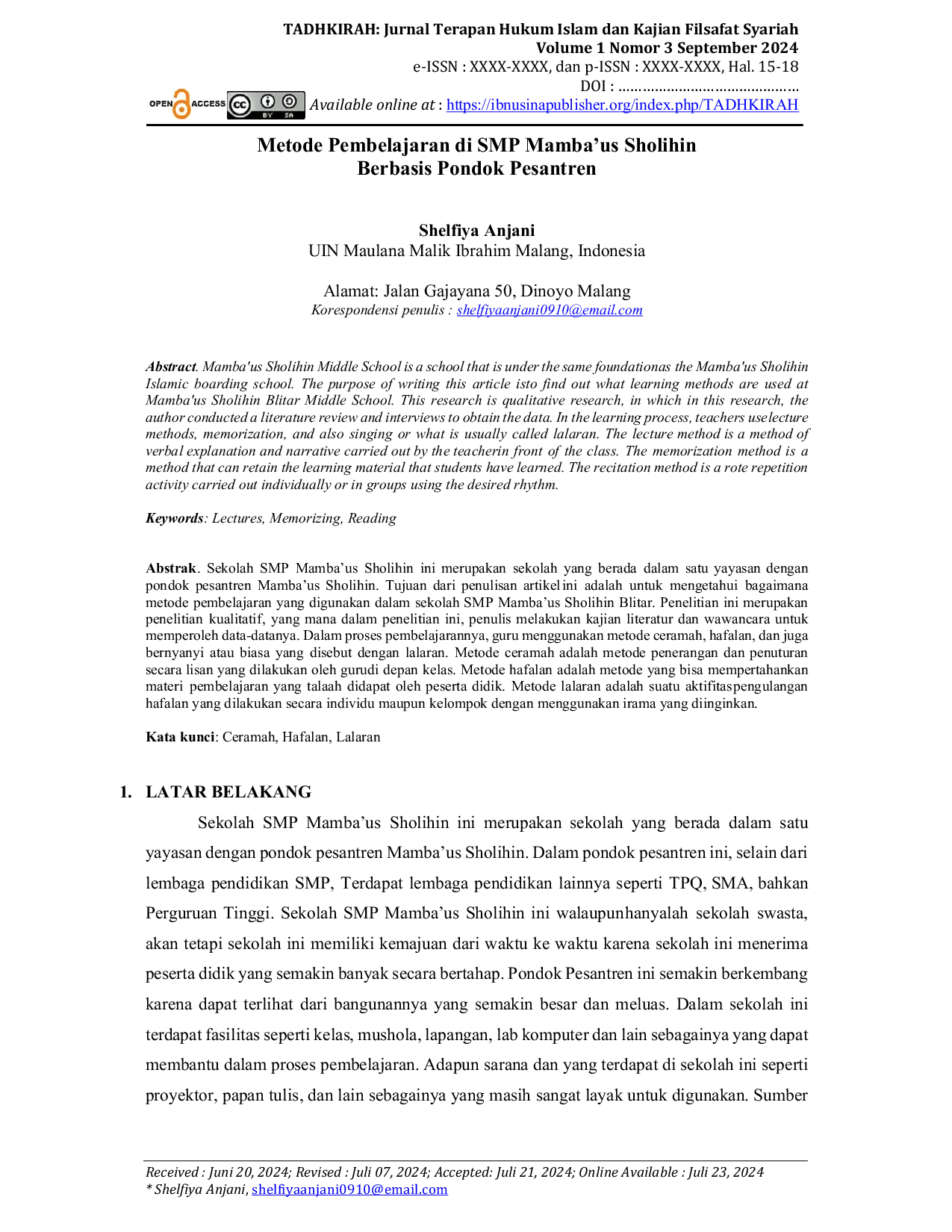 JURIS Metode Pembelajaran di SMP Mamba us Sholihin Berbasis Pondok Pesantren
